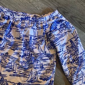 off shoulder summer printed top - blue and white landscape - size large